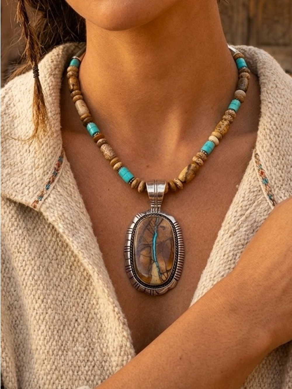 Native American Navajo Sterling Silver Turquoise Picture Jasper Beaded Necklace